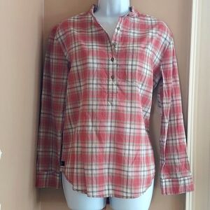 Treasure & Bond Plaid High/Low Popover Long SleeveTop - coral & white - XS